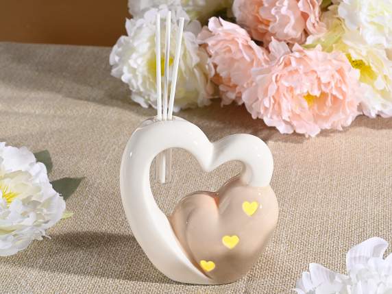 Doppio cuore in porcellana con luce e stick per profumare
