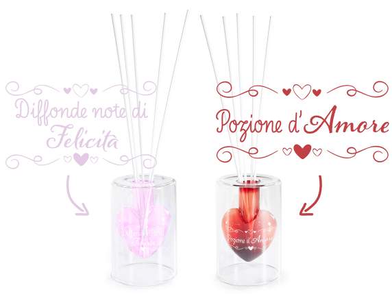 Profumatore in vetro con cuore, 5 sticks e scritta