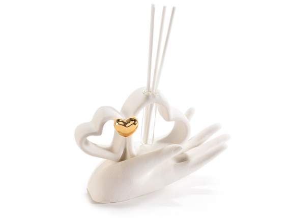 Mano 2 cuori porcellana, stick per profumare e cuore dorato
