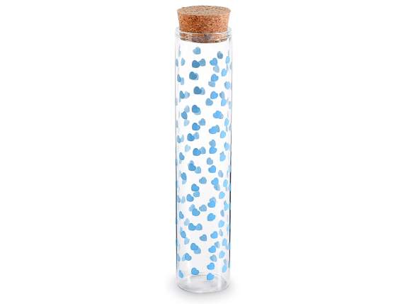 Provetta portaconfetti vetro con cuori blu e tappo sughero