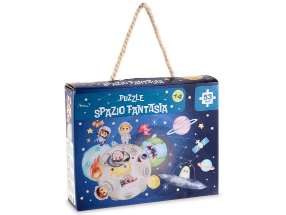Puzzle 53 tessere in cartoncino, scatola valigetta e manico
