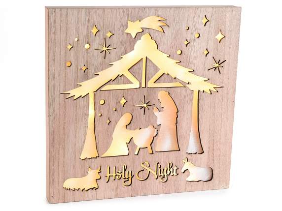 Quadretto legno Presepe Nativity c-luce LED da appendere