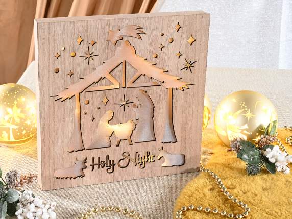 Quadretto legno Presepe Nativity c-luce LED da appendere