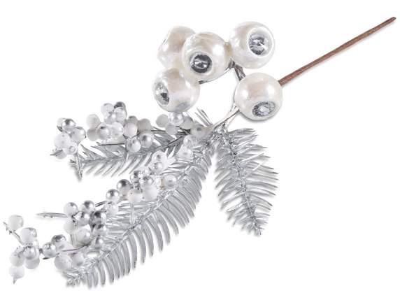 Rametto argentato con bacche bianche artificiali