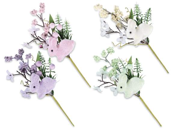 Rametto con coniglietto in floccato e fiori artificiali
