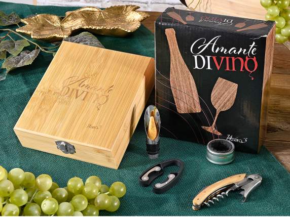 Scatola legno c-4 accessori sommelier x vino in conf.regalo