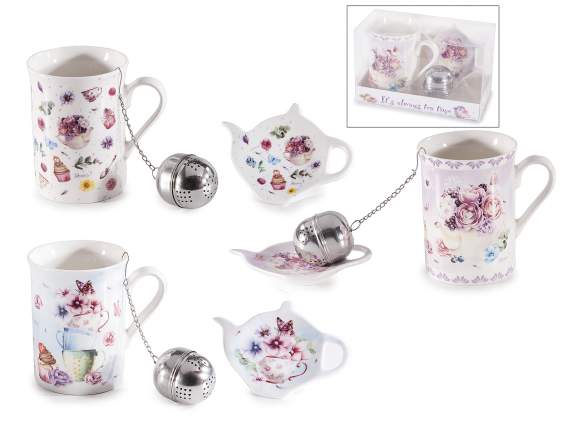 Set tazza 300 ml, piattino porcellana e filtro stampa fiori