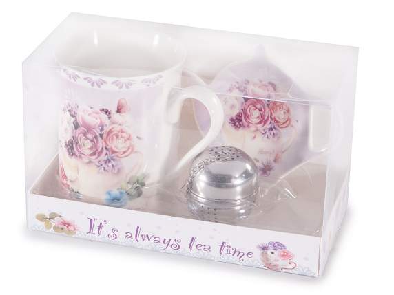 Set tazza 300 ml, piattino porcellana e filtro stampa fiori