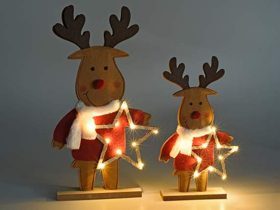 Set 2 renne in panno con stella e luci LED su base in legno