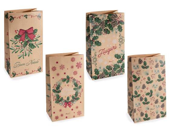 Sacchetto in carta kraft natalizia con design agrifogli