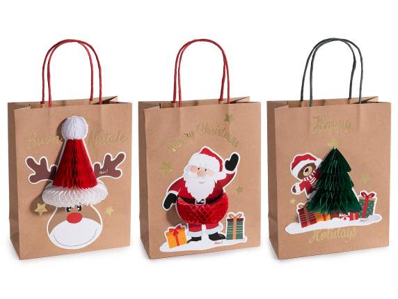 Sacchetto - busta media carta kraft con decori natalizi 3D