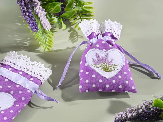 Sacchetto cotone con ricamo lavanda bordo in pizzo e tirante