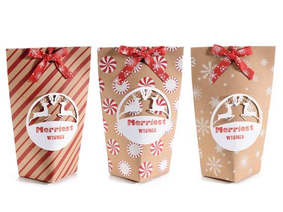 Scatola a sacchetto in carta kraft con decoro renne e fiocco