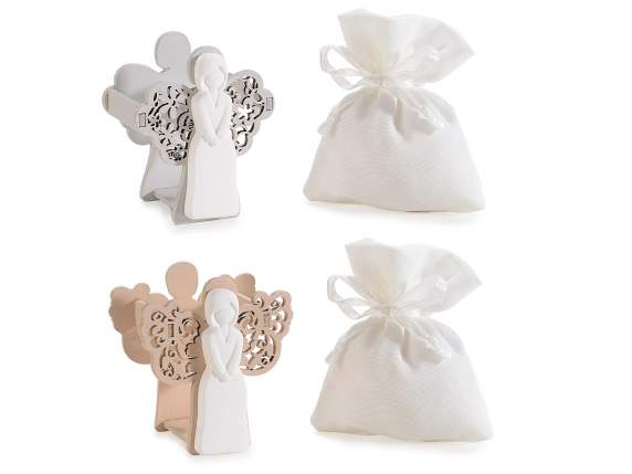 Albero della vita in legno con angelo in gesso e sacchetto