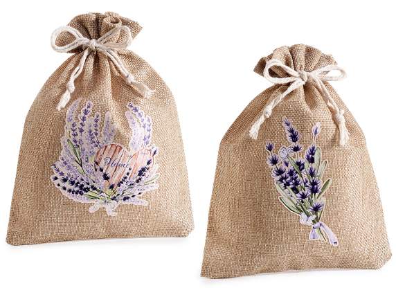Sacchetto in juta con stampa lavanda e tirante di chiusura