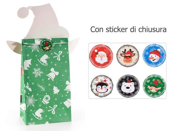 Sacchetto carta colorata con personaggio natalizio e sticker