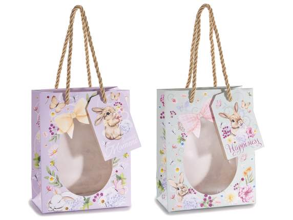 Borsa in carta coniglietti con finestra ovale e tag abbinato