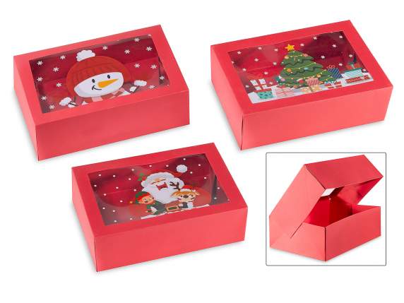 Scatola in carta rossa con finestra con stampa natalizia