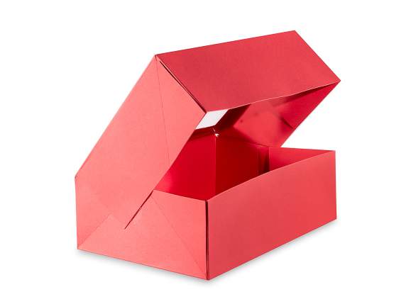 Scatola in carta rossa con finestra con stampa natalizia