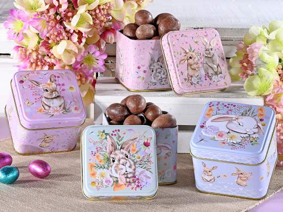 Scatola alimentare in metallo conigli e decori in rilievo
