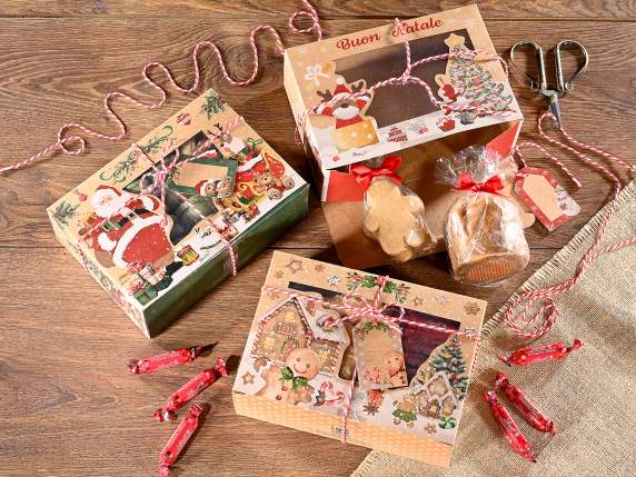 Scatola carta kraft natalizia con finestrella, nastro e tag