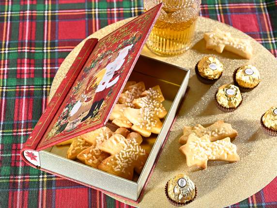 Scatola alimentare in metallo a libro con decori natalizi