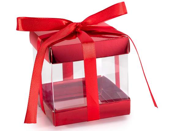 Scatola pvc con coperchio e base in carta con fiocco in raso