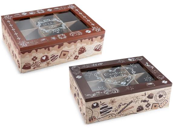 Scatola per té e spezie in legno a 6 scomparti stampa dolci