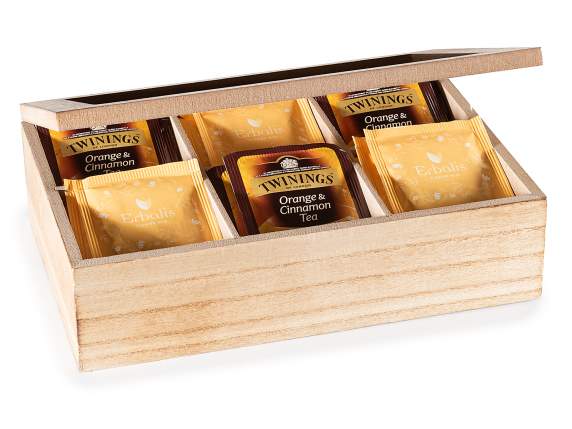 Scatola tè legno 6 scomparti con coperchio e decori incisi