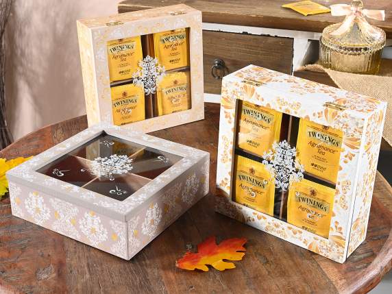 Scatola té - spezie legno e vetro 4 scomparti decori barocco