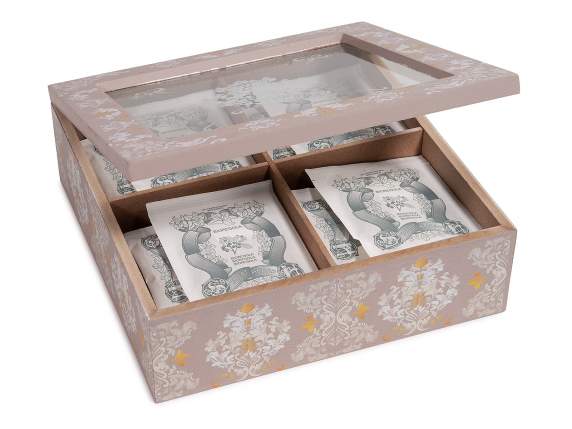 Scatola té - spezie legno e vetro 4 scomparti decori barocco