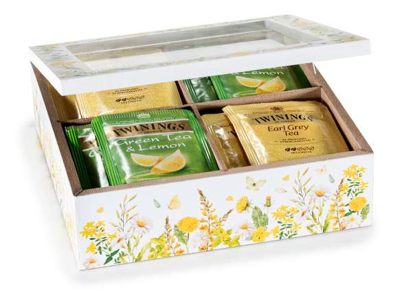 Scatola tè - spezie legno vetro 4 scomparti decori floreali