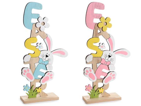 Scritta Easter in legno colorato con coniglio e fiori