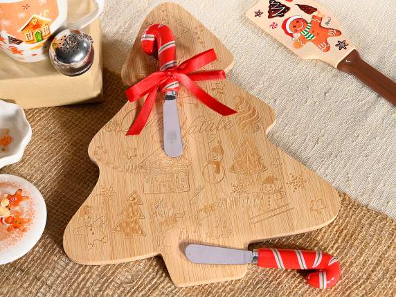 Set tagliere legno decorato ad albero c-coltello e fiocco