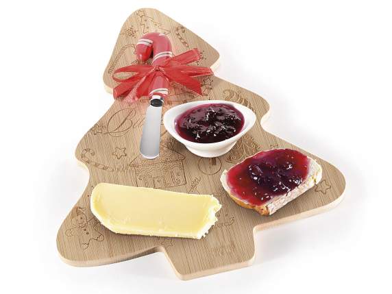 Set tagliere legno decorato ad albero con coltello e fiocco