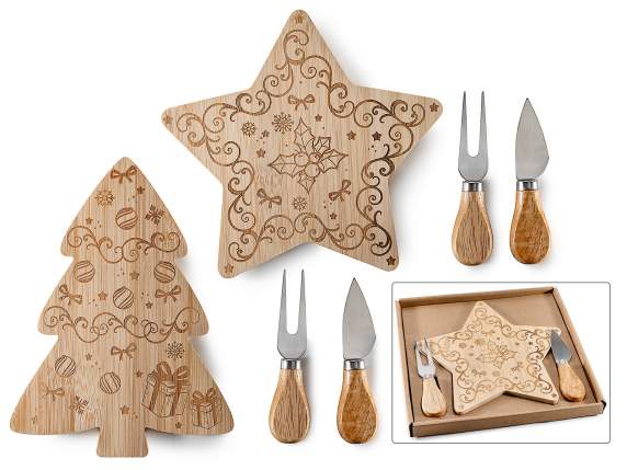 Set formaggio con tagliere natalizio in legno e 2 coltelli