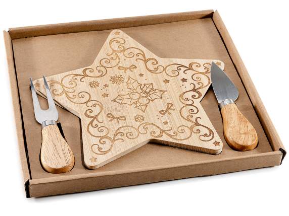 Set formaggio con tagliere natalizio in legno e 2 coltelli