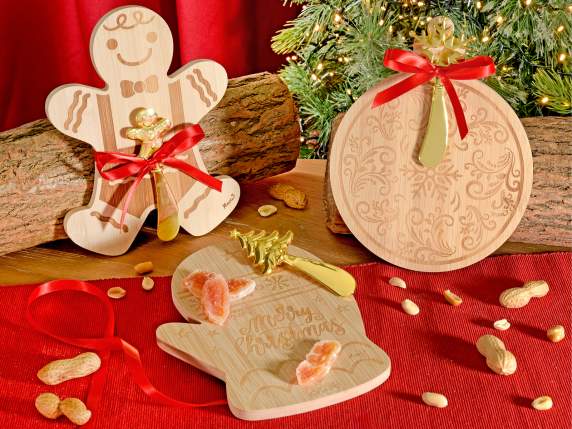 Set tagliere in legno natalizio con coltello acciaio dorato