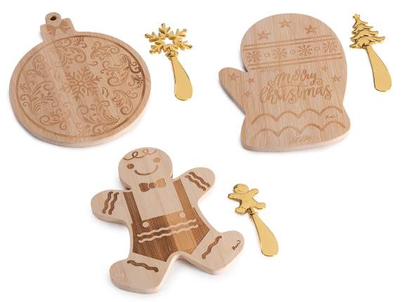 Set tagliere in legno natalizio con coltello acciaio dorato