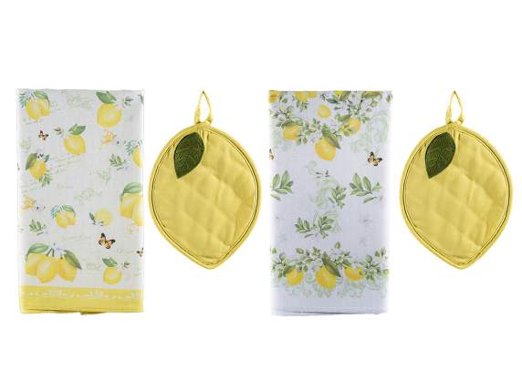 Set asciugapiatti in cotone decori limoni e presina a limone