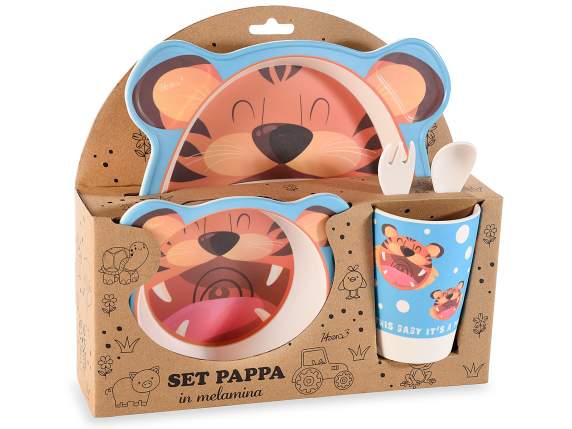 Set pappa in melamina con 2 piatti, 2 posate e bicchiere