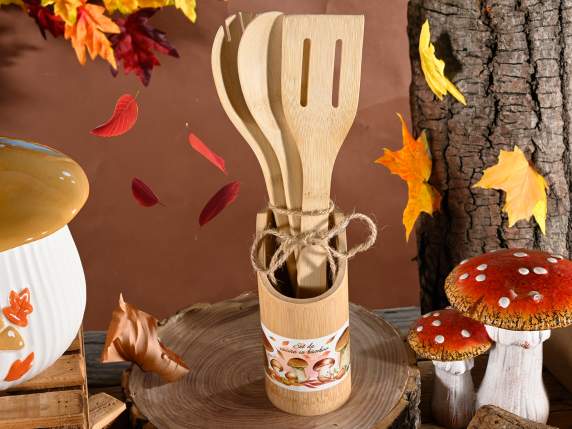 Set 3 posate da cucina in portautensili in legno