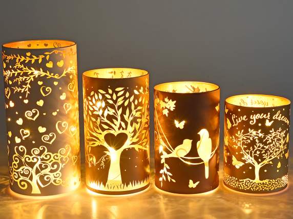 Set 4 lampade in vetro con Albero della Vita e luci LED