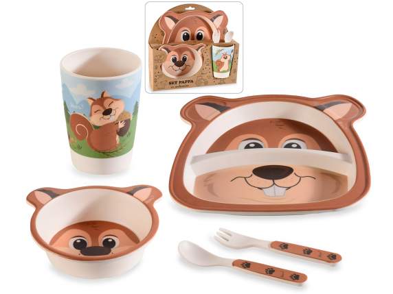 Set pappa in melamina con 2 piatti, 2 posate e bicchiere