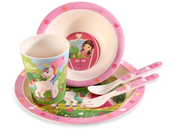 Set pappa in melamina con 2 piatti, 2 posate e bicchiere