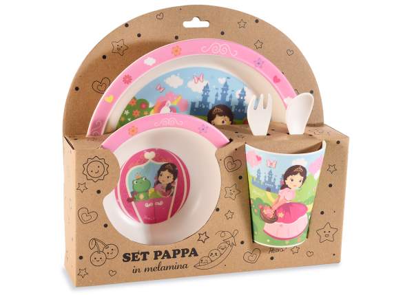 Set pappa in melamina 5pz ,piatto,bicchiere, fondo, 2 posate