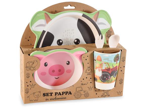 Set pappa in melamina 5pz ,piatto,bicchiere, fondo, 2 posate