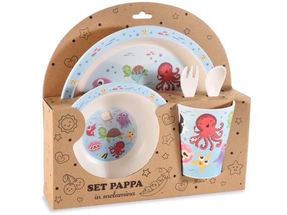 Set pappa in melamina 5pz ,piatto,bicchiere, fondo, 2 posate