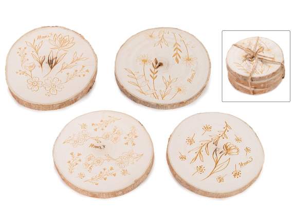 Set 4 sottobicchieri in legno naturale con erbe incise