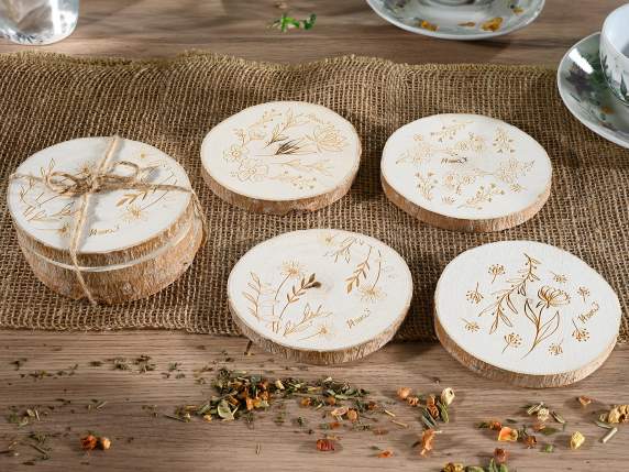 Set 4 sottobicchieri in legno naturale con erbe incise